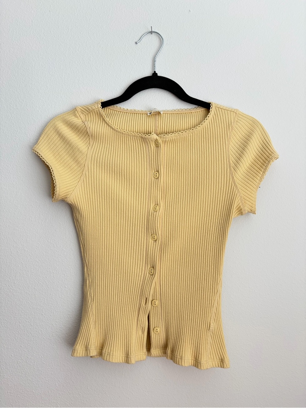 Free People Ribbed Button-Front Short Sleeve Top - Pale Yellow
